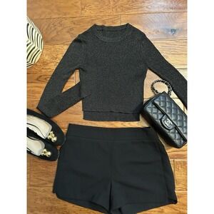 AllSaints Black Gold Metallic Ribbed Crop Top Shimmer Long Sleeve Fitted XS